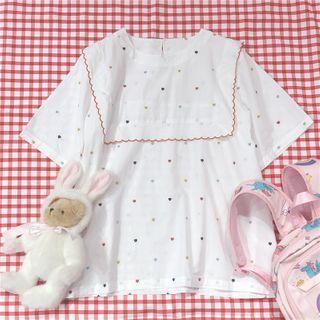 Heart Embroidered Short-sleeve Blouse White - One Size