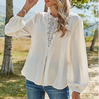 Long Sleeve Lace-trim Chiffon Blouse