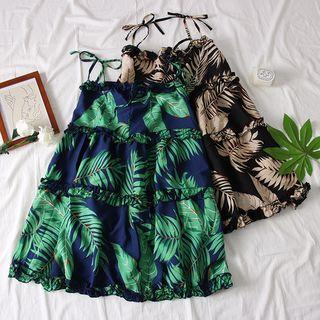 Ruffled-trim Leaves-print Mini Dress