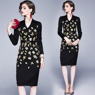 Long-sleeve Embroidered Midi Sheath Dress