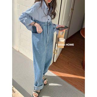 Long-sleeve Striped Panel Denim Jumpsuit Blue - One Size