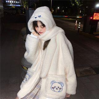 Cartoon Bear Embroidered Hooded Fleece Jacket