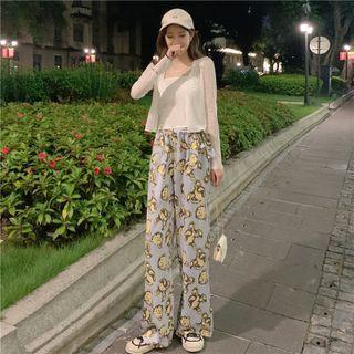 Set: Spaghetti Strap Top + Jacket + Print Wide-leg Pants Set Of 3 - Gray Pants & Spaghetti Strap Top & Cardigan - White - One Size