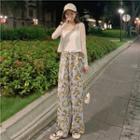 Set: Spaghetti Strap Top + Jacket + Print Wide-leg Pants Set Of 3 - Gray Pants & Spaghetti Strap Top & Cardigan - White - One Size