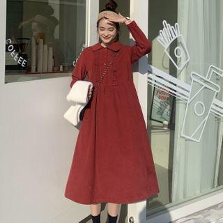 Long-sleeve Corduroy Midi Dress Wine Red - One Size