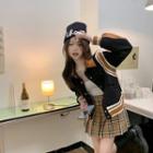 Color-block Button-up / Check Pleated Mini Skirt