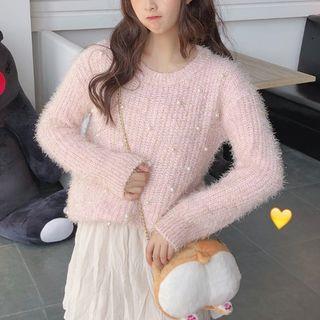 Faux-pearl Knit Top Pink - One Size