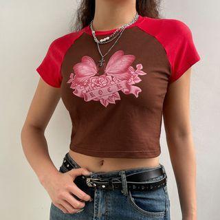 Short Raglan Sleeve Floral Print Crop Top