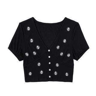 Flower Embroidered Button-up Crop Top
