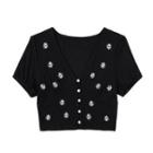 Flower Embroidered Button-up Crop Top