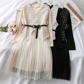 Set: Double-breasted Plaid Vest + Patchwork Sleeveless Dress