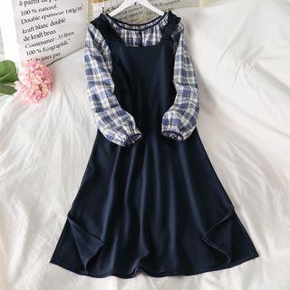 Plaid Long-sleeve Blouse / Plain Jumper Dress