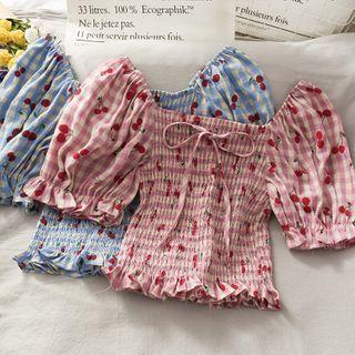 Boatneck Ruffled-trim Smocked Crop Top In 7 Colors