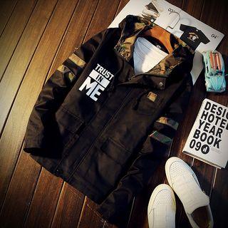 Camouflage Panel Hooded Lettering Jacket