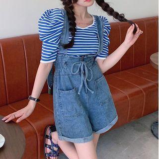 Short-sleeve Striped Knit Top / Suspender Denim Shorts