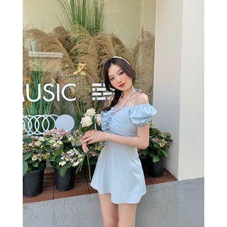 Puff-sleeve Halter Mini A-line Dress