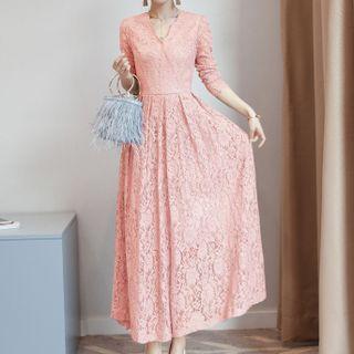 Long-sleeve Lace-overlay Maxi A-line Dress