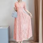 Long-sleeve Lace-overlay Maxi A-line Dress
