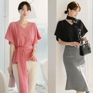 Dolman-sleeve Crinkled Top With Sash