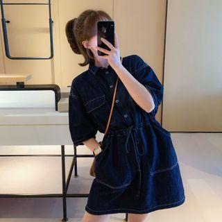 Elbow-sleeve A-line Denim Shirtdress Dark Blue - One Size