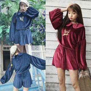 Set: Embroidered Lantern-sleeve Velvet Top + Shorts
