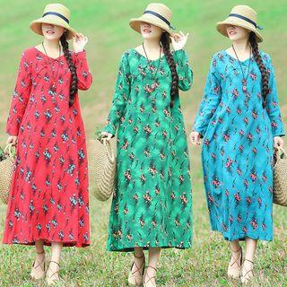 Long-sleeve All Over Pattern Midi Dress