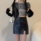 Long-sleeve Color Block Asymmetrical T-shirt Gray & Black - One Size