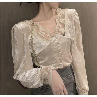 Lace Trim Velvet Cropped Blouse