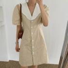 Puff-sleeve Collared Mini A-line Dress Khaki - One Size