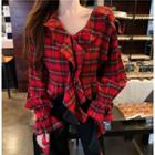V-neck Ruffle Trim Plaid Blouse As Shown In Figure - One Size