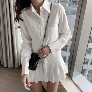Pleated Hem Long Shirt White - One Size