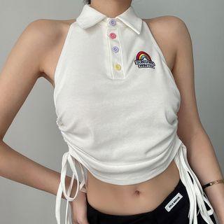 Halter-neck Embroidered Drawstring Polo Shirt