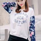 Floral Print-sleeve Lettering Pullover