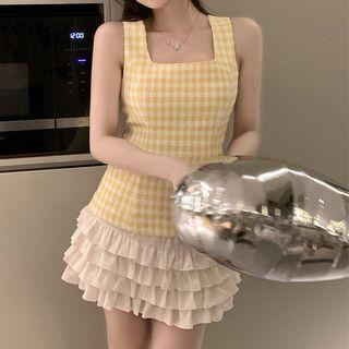 Square-neck Plaid Tank Top / High-waist A-line Tiered Skirt