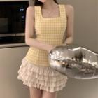 Square-neck Plaid Tank Top / High-waist A-line Tiered Skirt