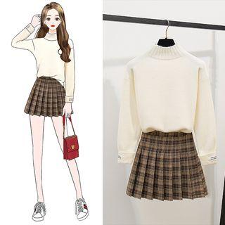 Set: Mock Neck Top + Pleated Plaid Mini Skirt