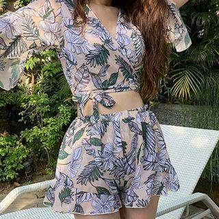 Set: Printed Bikini Top + Bottom + Elbow-sleeve Cover-up Top + Shorts