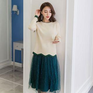Set: Wavy Hem Knit Pullover + Sheer Panel Pleated Midi Skirt