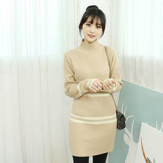 Contrast-trim High-neck Ribbed Knit Dress