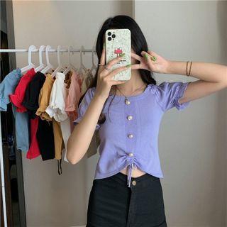 Puff-sleeve Knit Ruffle Trim Drawstring Top