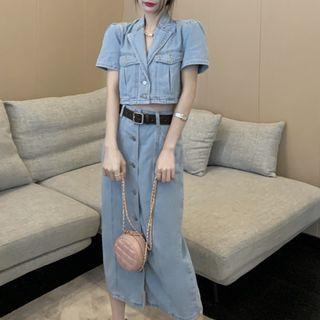 Short-sleeve Denim Jacket / Midi Pencil Skirt
