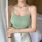 Faux Pearl Strap Ribbed Knit Camisole Top