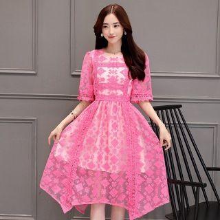 Elbow-sleeve Crochet-trim Lace Midi Dress