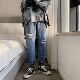 High-waist Distressed Straight Cut Jeans