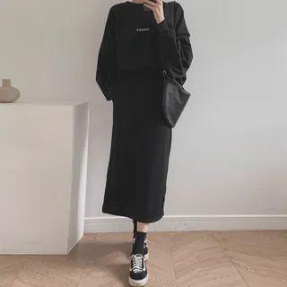 Set: Balloon-sleeve Sweatshirt + Band-waist Skirt
