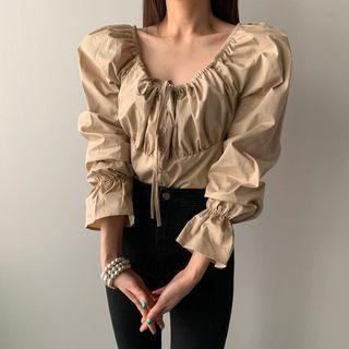 Bell-sleeve Tie-neck Plain Blouse