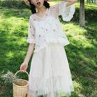 Set : Embroidered Elbow-sleeve Top + Spaghetti Strap Lace Dress