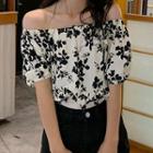 Puff-sleeve Off-shoulder Floral Print Blouse White - One Size