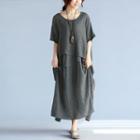 Elbow-sleeve Linen Midi Dress