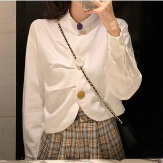 Buttoned Blouse / Plaid High-waist Wide-leg Pants